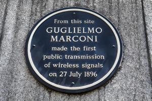 Blue plaque commemorating the first radio broadcast by Marconi